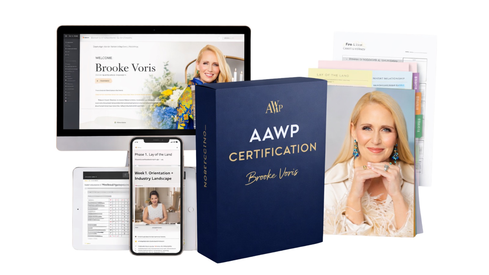 AAWP Certification course materials including desktop portal, mobile app, workbook, and course box